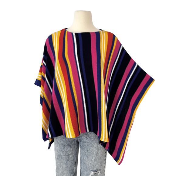 Lauren Ralph Lauren Linen Cotton Striped Knit Poncho Multicolor M/L Petite - Picture 1 of 12